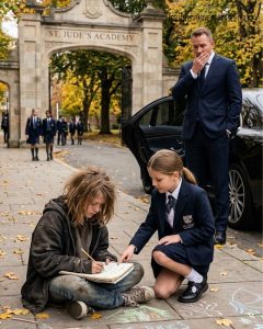 A billionaire arrived early to pick up his daughter from school—only to see a homeless girl teaching her on the sidewalk. What happened next stunned everyone.
